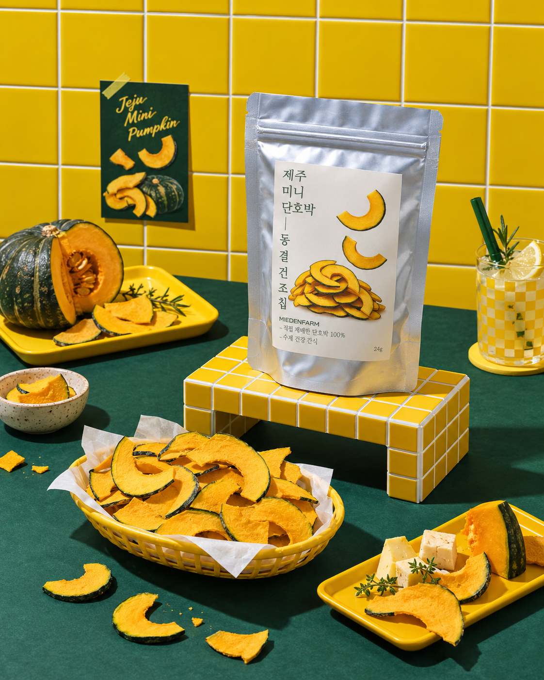 A bag of Jeju mini kabocha freeze-dried chips and kabocha chips in a basket