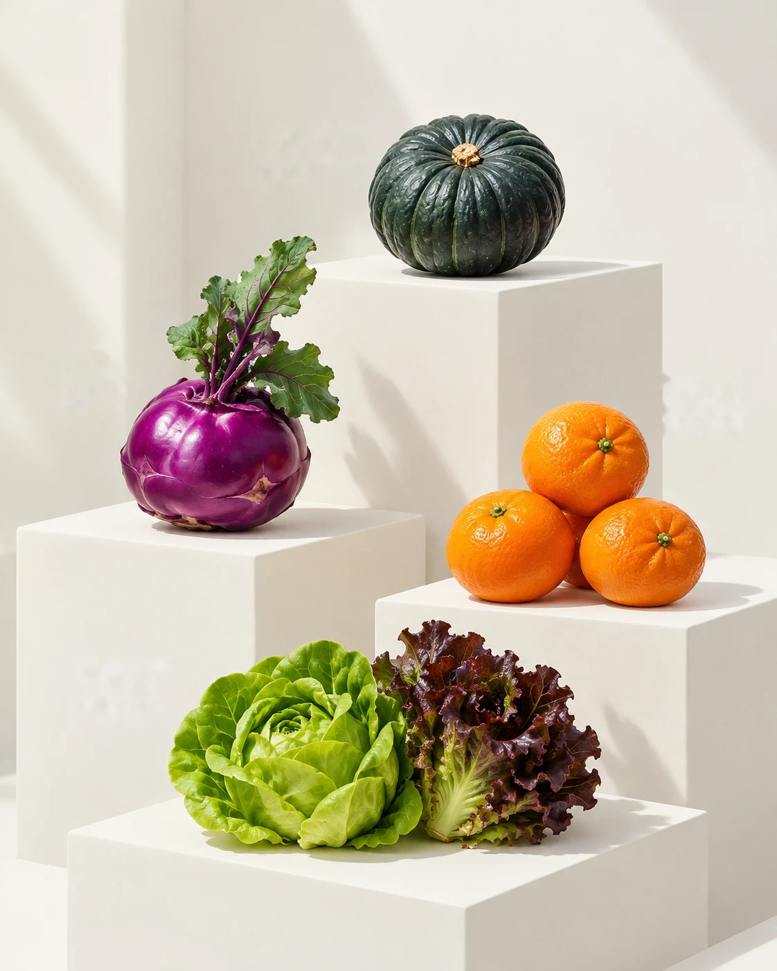 Mini kabocha squash, kohlrabi, Jeju tangerines and European salad greens on white stands