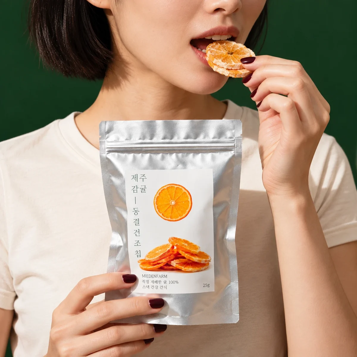 Someone eating tangerine freeze-dried chips and holding the package