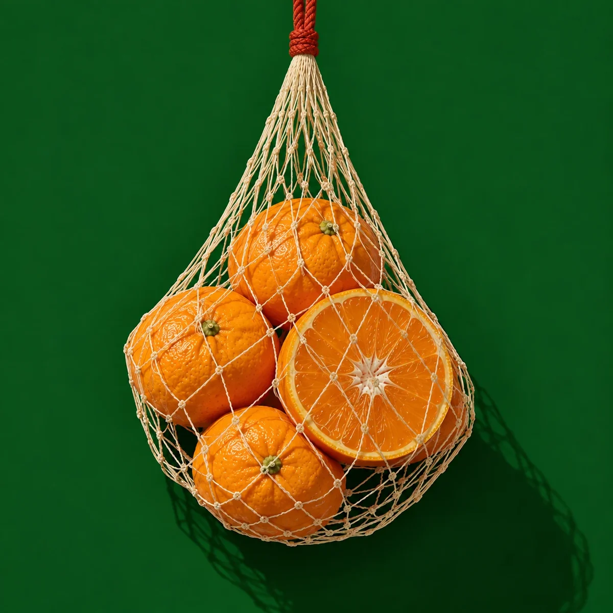 Tangerines in a mesh bag and a halved tangerine, hanging against a green background