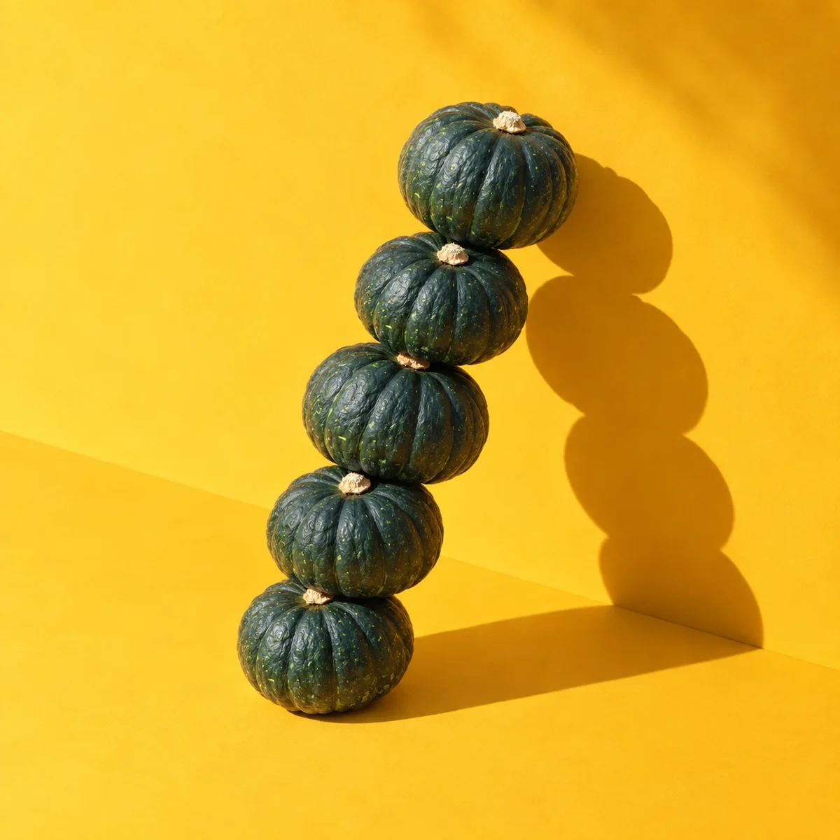 Five mini kabocha squashes stacked at an angle against a yellow background
