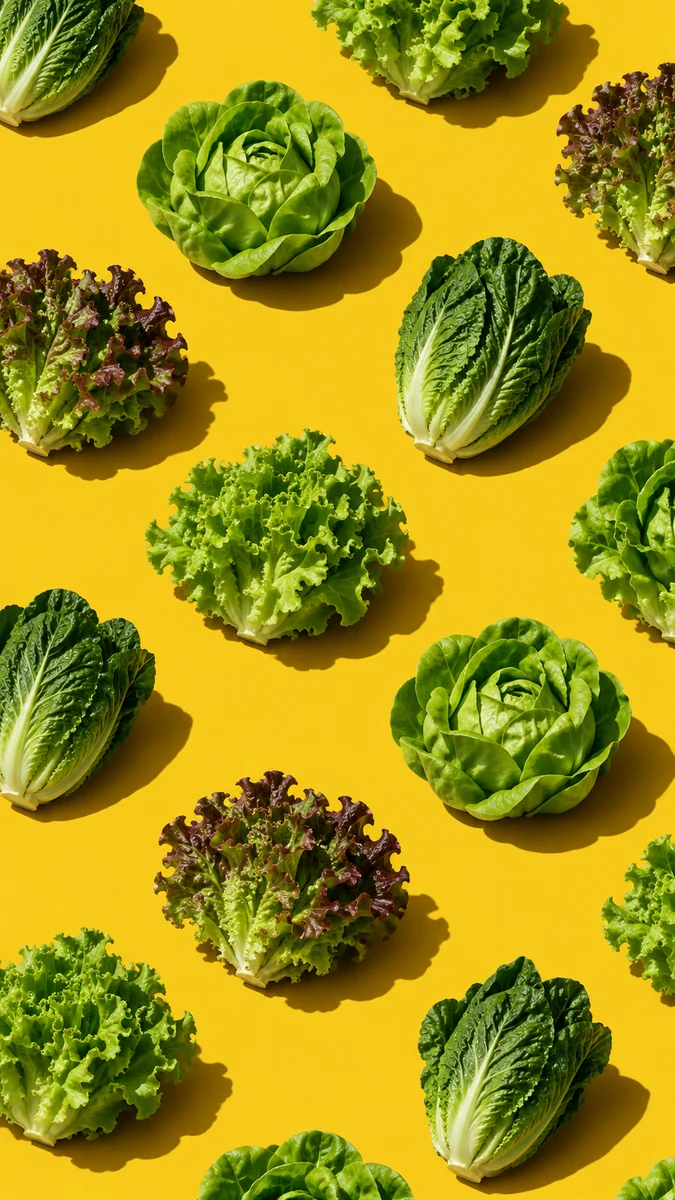 Several varieties of European salad greens lined up on a yellow background