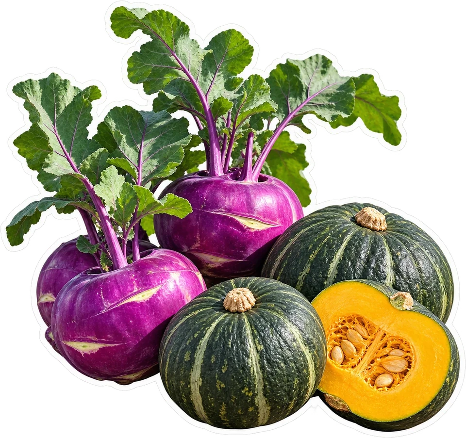 Illustration of purple kohlrabi and a mini kabocha cut to show its inside