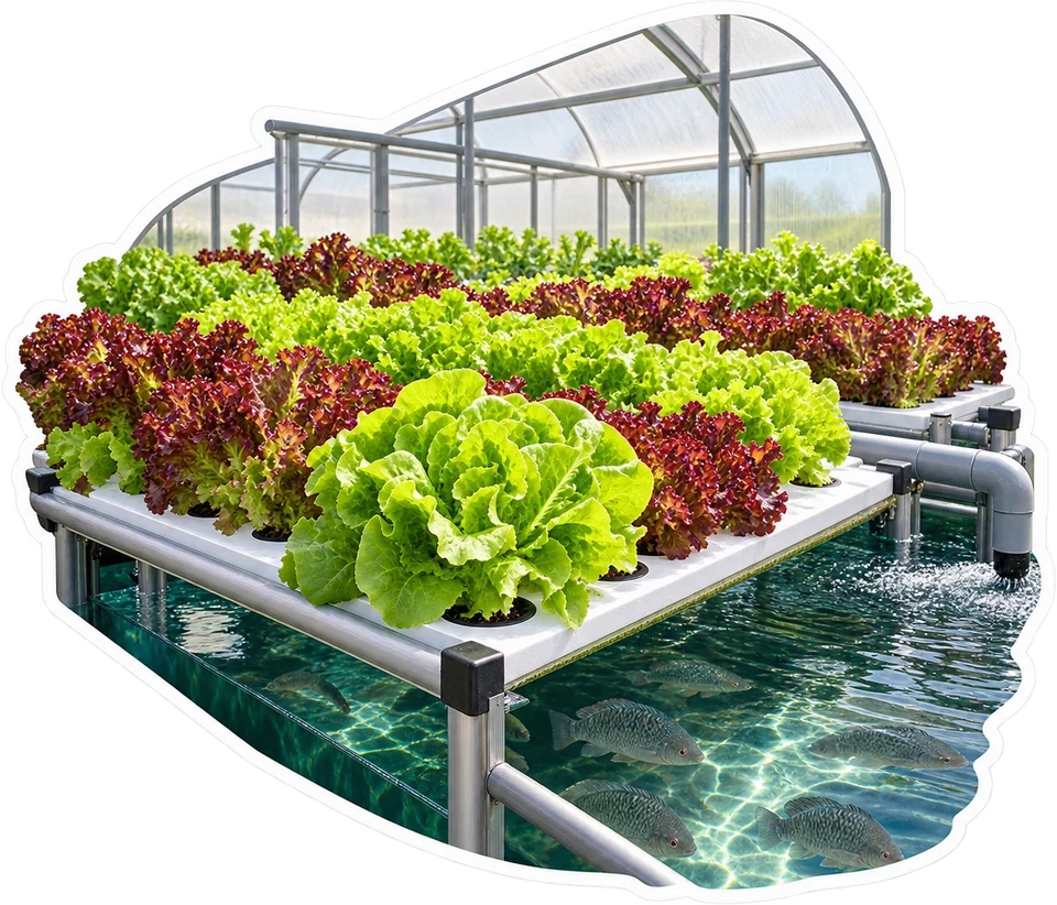 Illustration of colorful salad greens growing above a tank with swimming fish