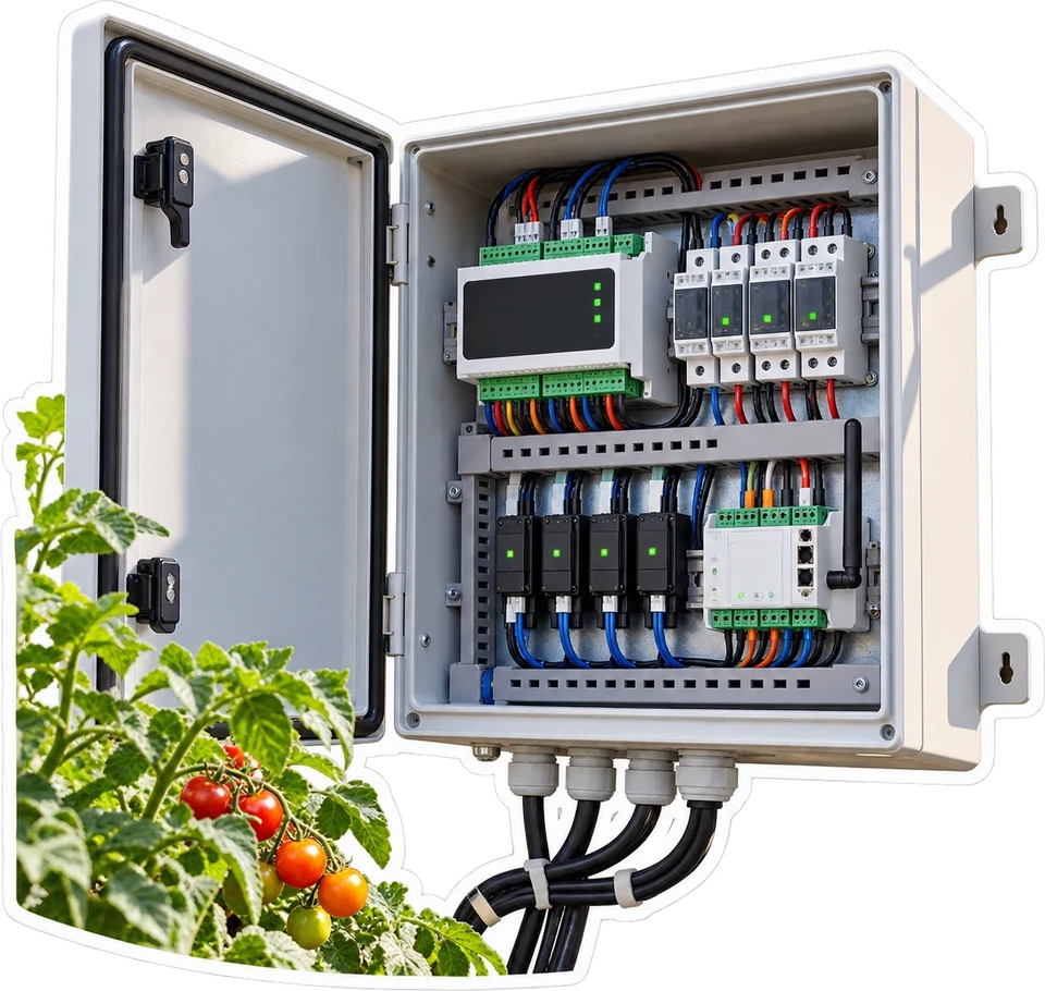 Illustration of a smart farm control box with neatly arranged relays and wiring