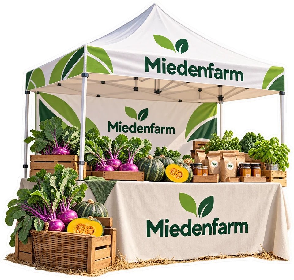 Illustration of an event booth displaying kohlrabi, squash and processed products