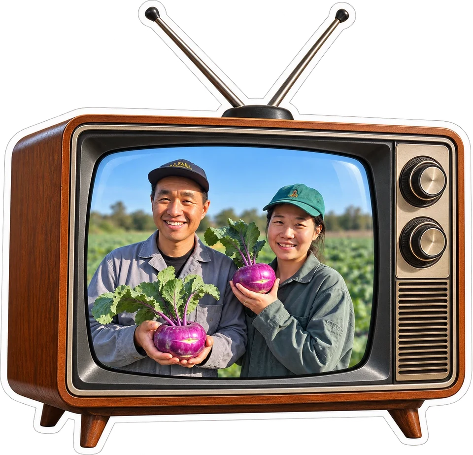 Illustration of an old TV showing two farmers holding kohlrabi