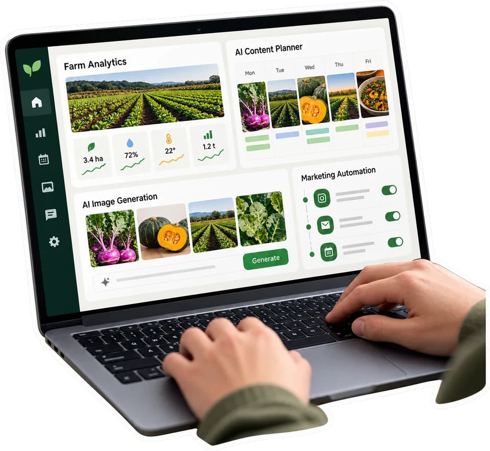 Illustration of a laptop showing farm analysis and content automation screens