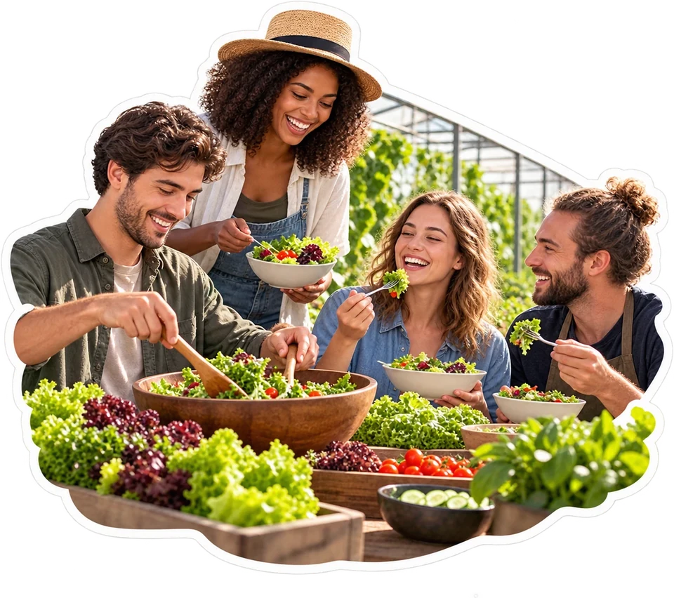Illustration of people sharing salad inside a greenhouse
