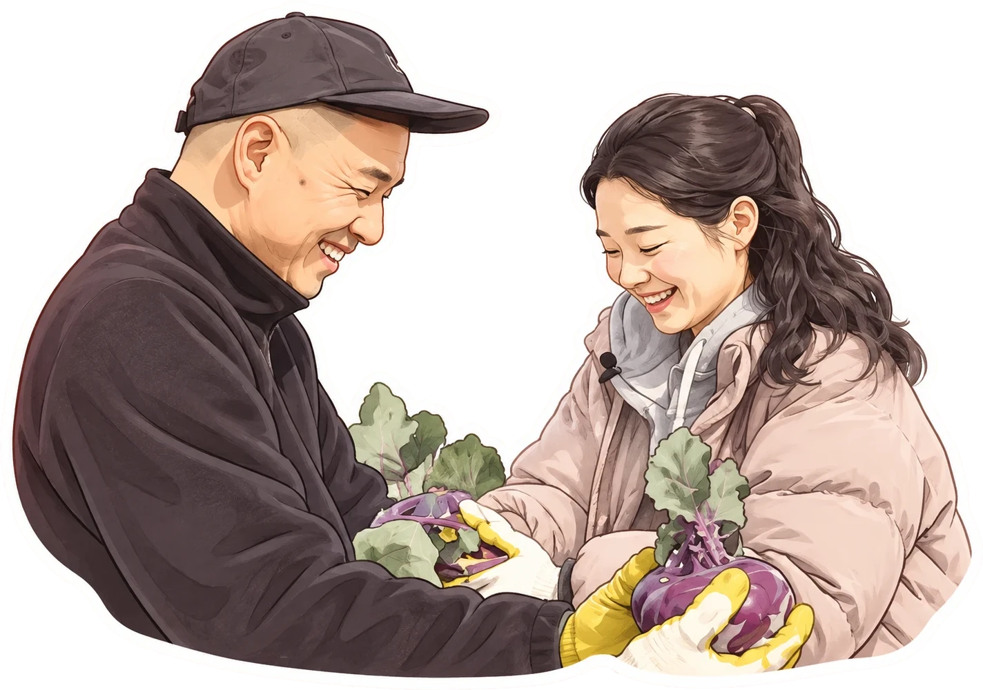 Illustration of the MIEDEN FARM couple smiling with kohlrabi